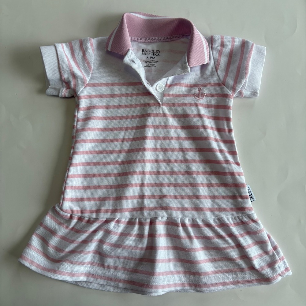 Badgley Mischka Infant Girls 6-9M Striped Pink White Polo Dress Embroider Anchor